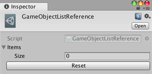 Screenshot of GameObjectListReference ScriptableObject in the Unity inspector.