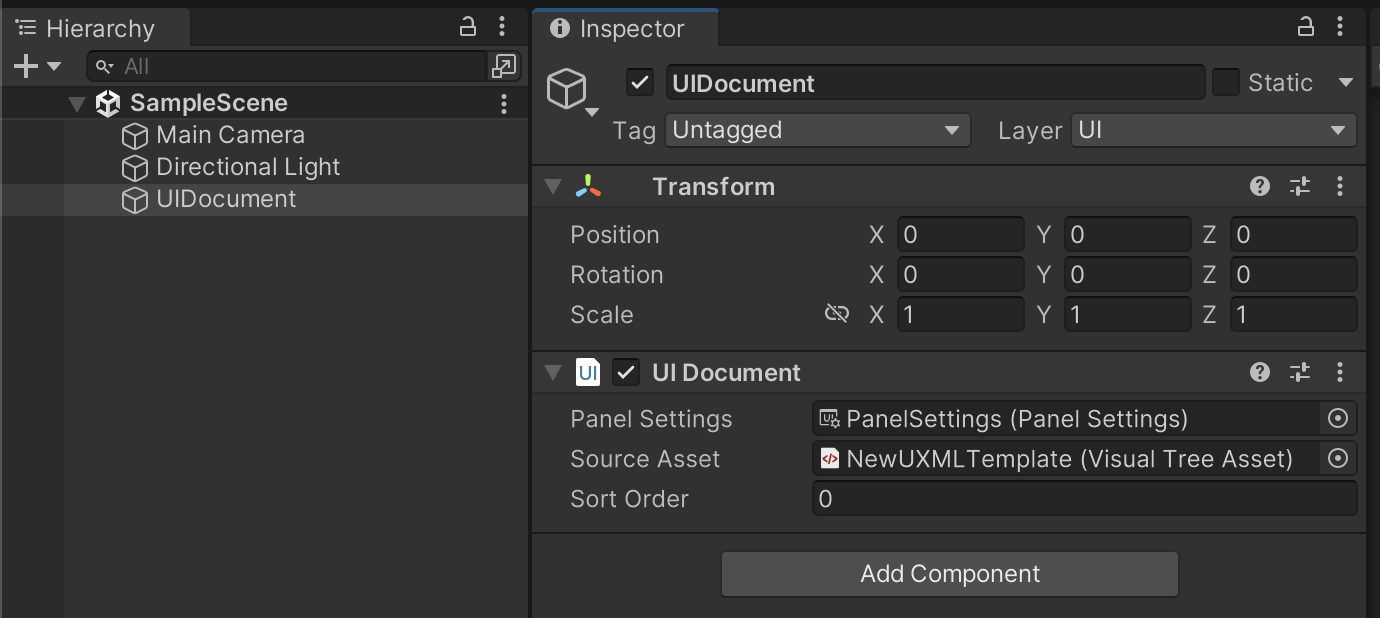 Screenshot of the unity scene hierarchy and the property inspector panel.