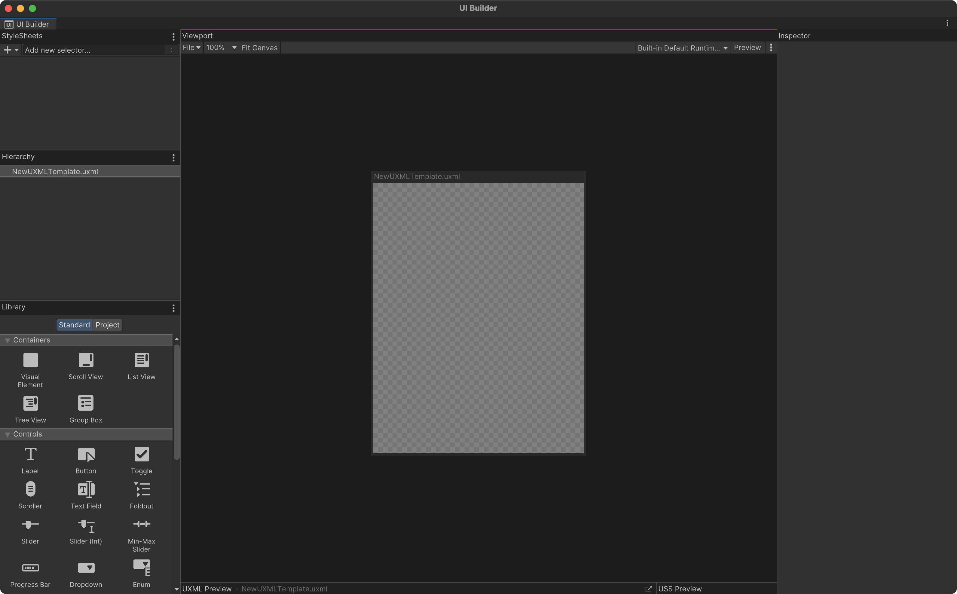 Screenshot of the Unity UI Toolkit UI Builder after a new document is created.