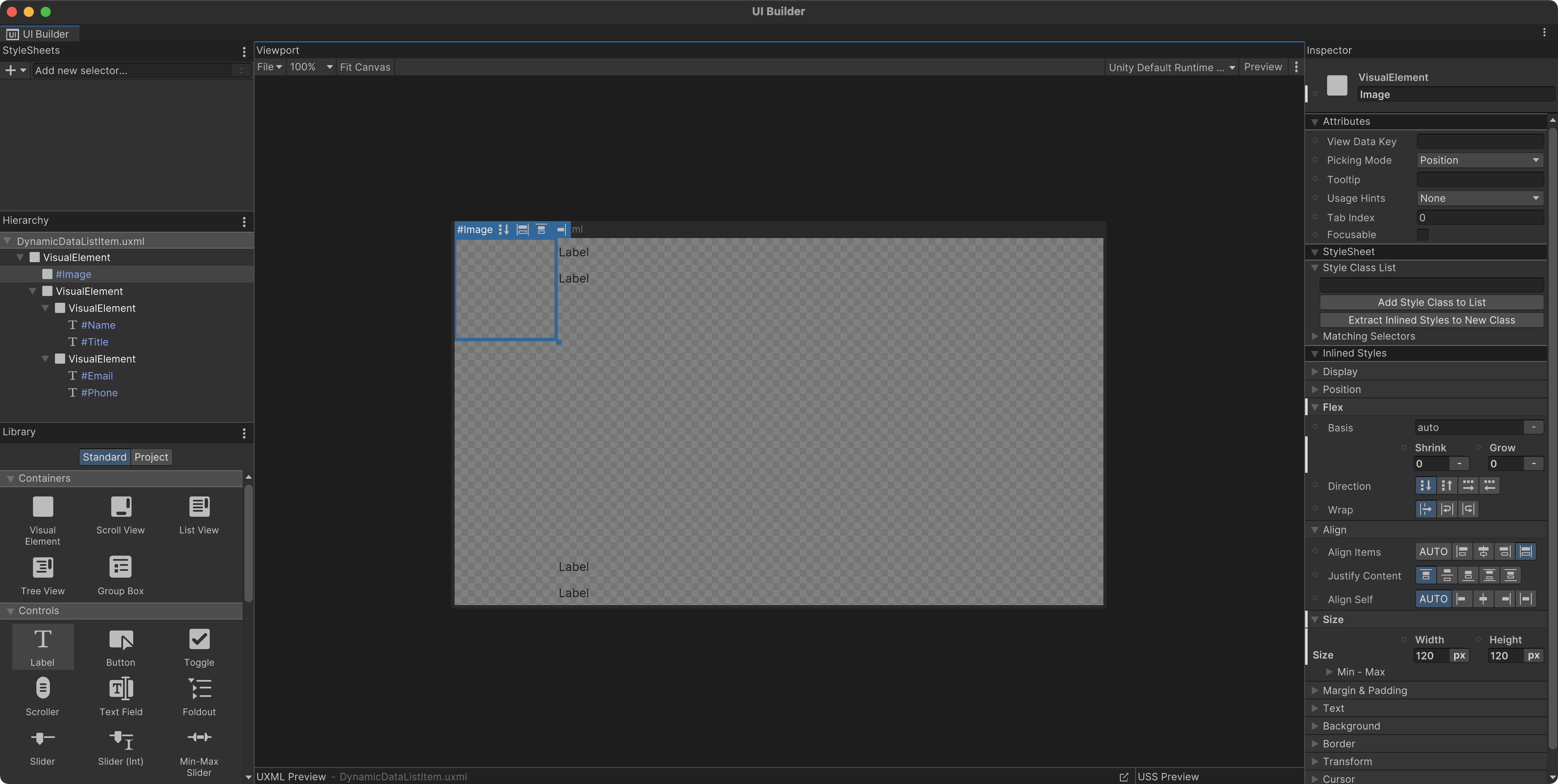 Screenshot of the UI Builder with a Visual Element with numerous child elements to make a complex UI.
