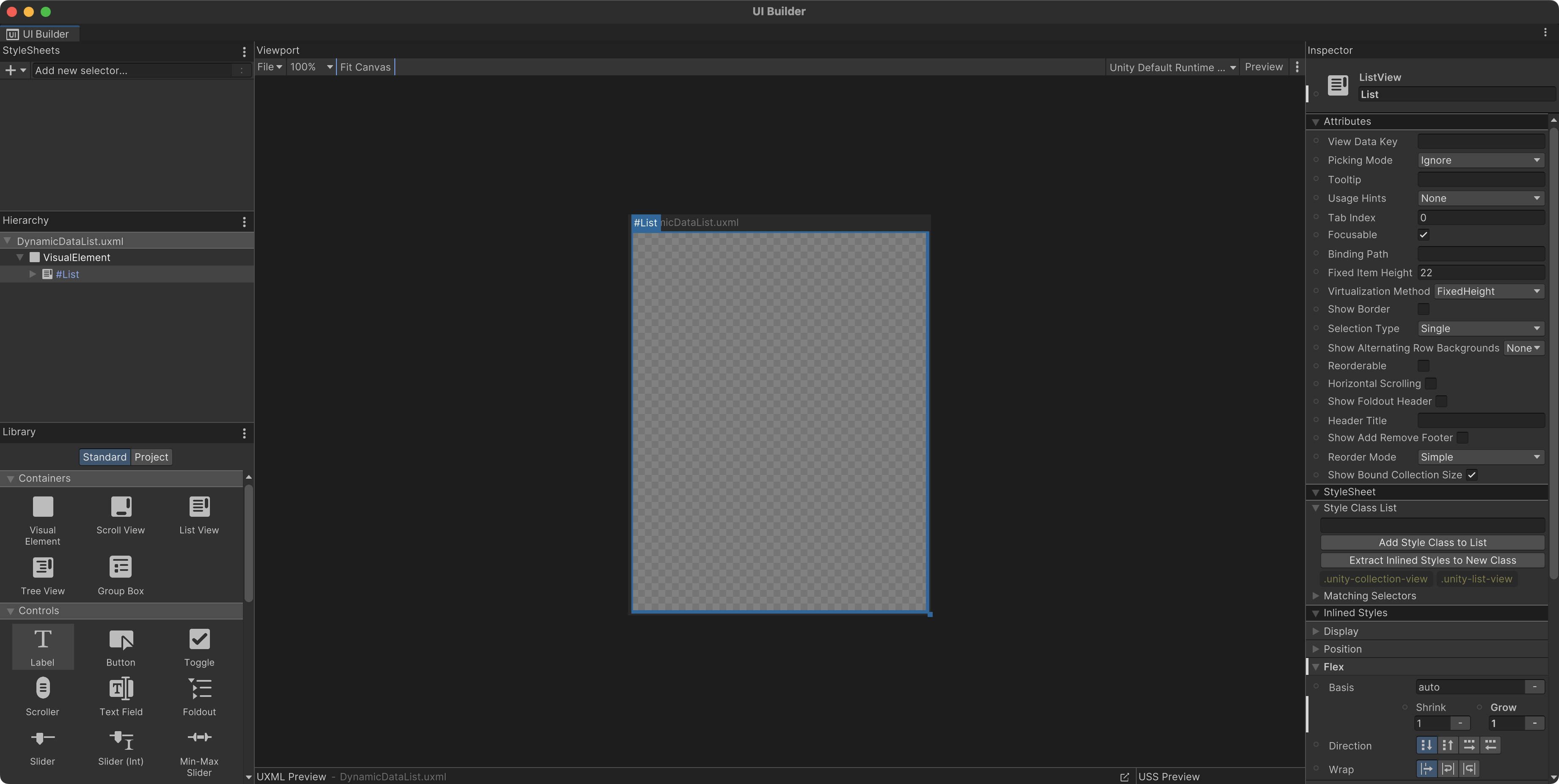 Screenshot of the UI Builder with a Visual Element and a List View.